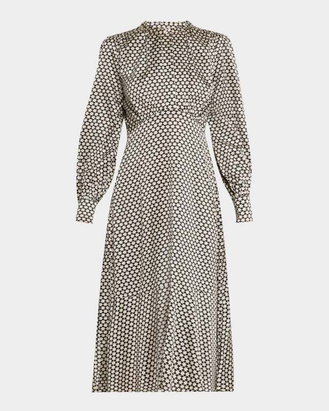 Rudy Printed Long-Sleeve Empire-Waist Silk Midi Dress